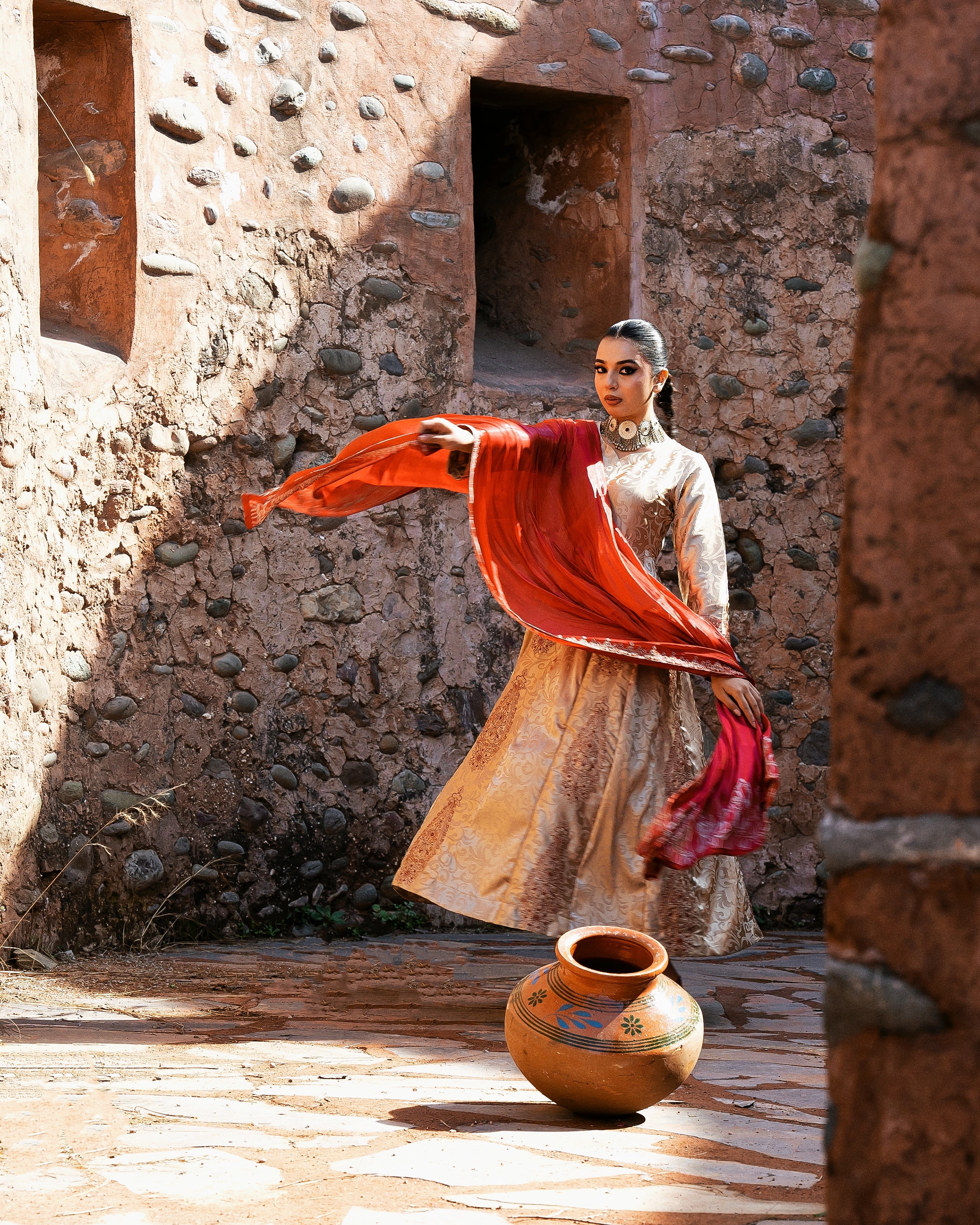 Golden Frock with Red Dupatta - 3 Pc