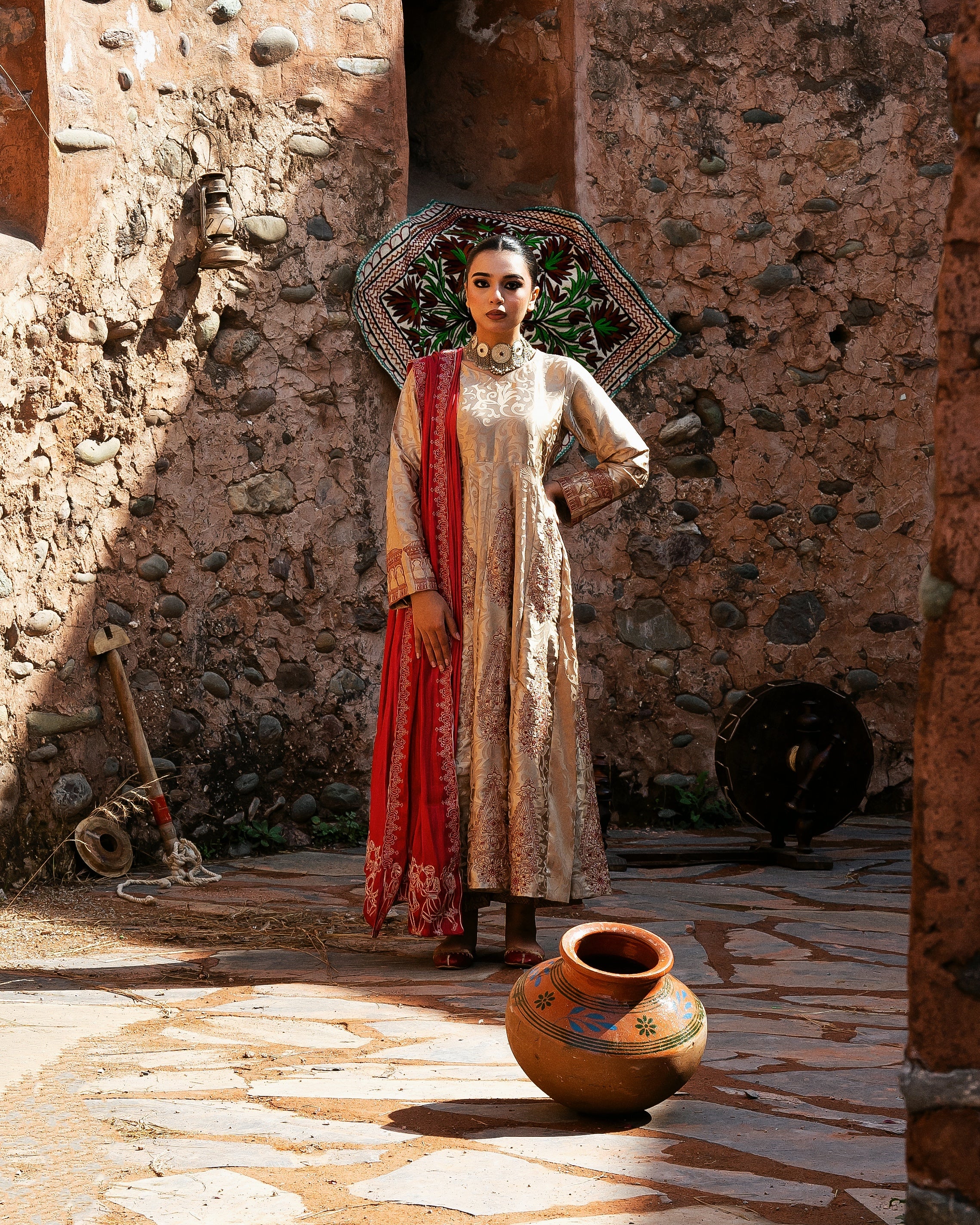 Golden Frock with Red Dupatta - 3 Pc