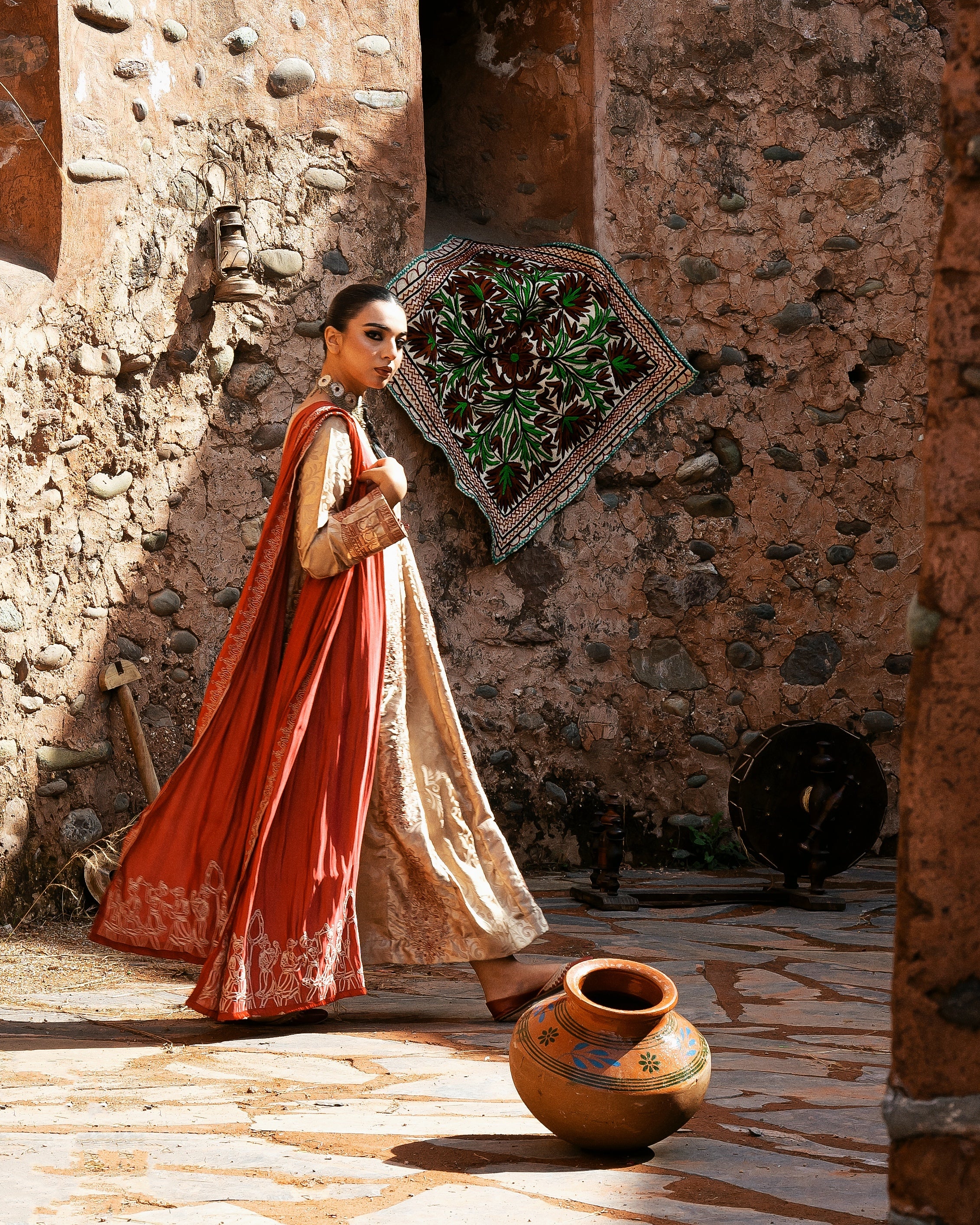 Golden Frock with Red Dupatta - 3 Pc