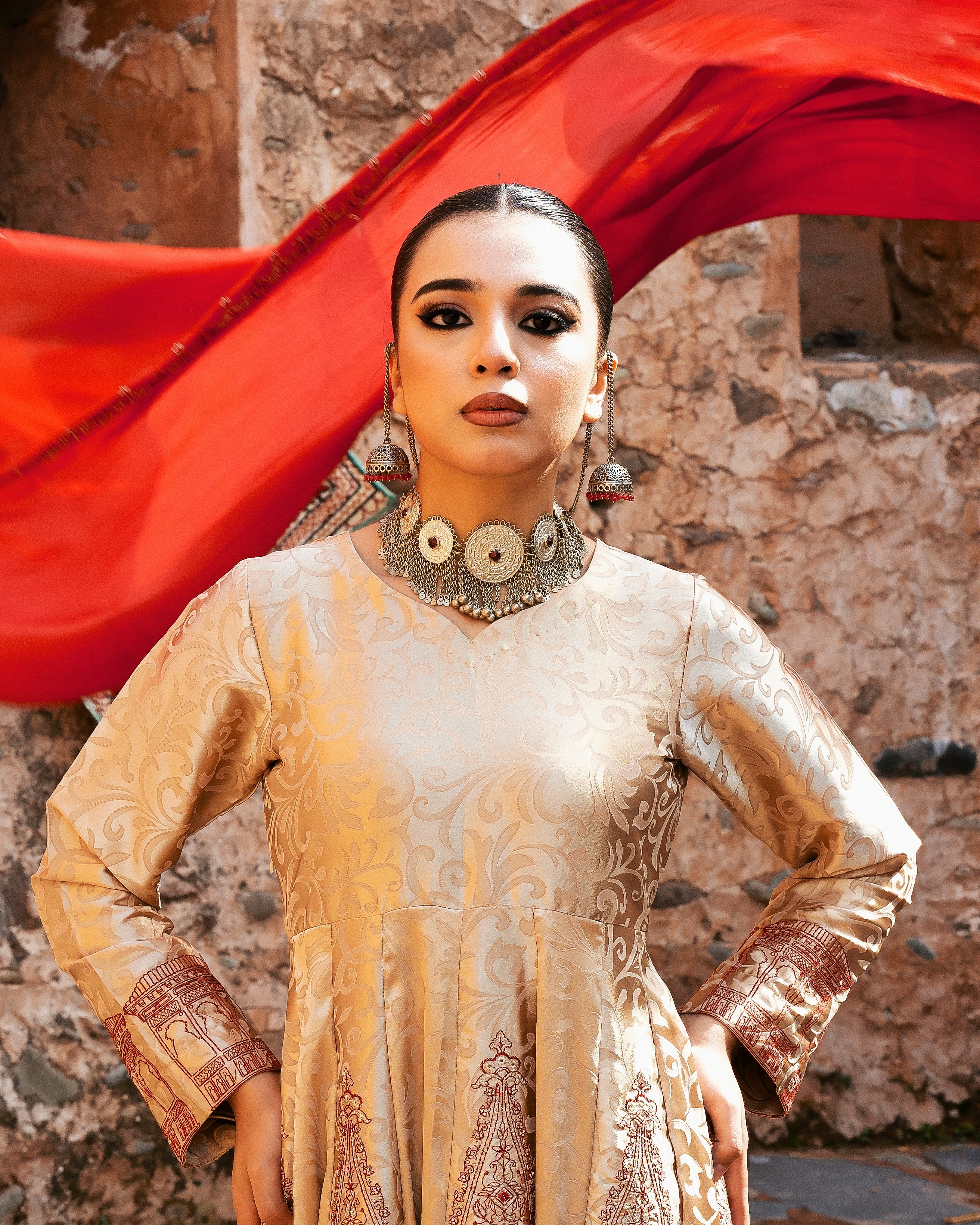 Golden Frock with Red Dupatta - 3 Pc