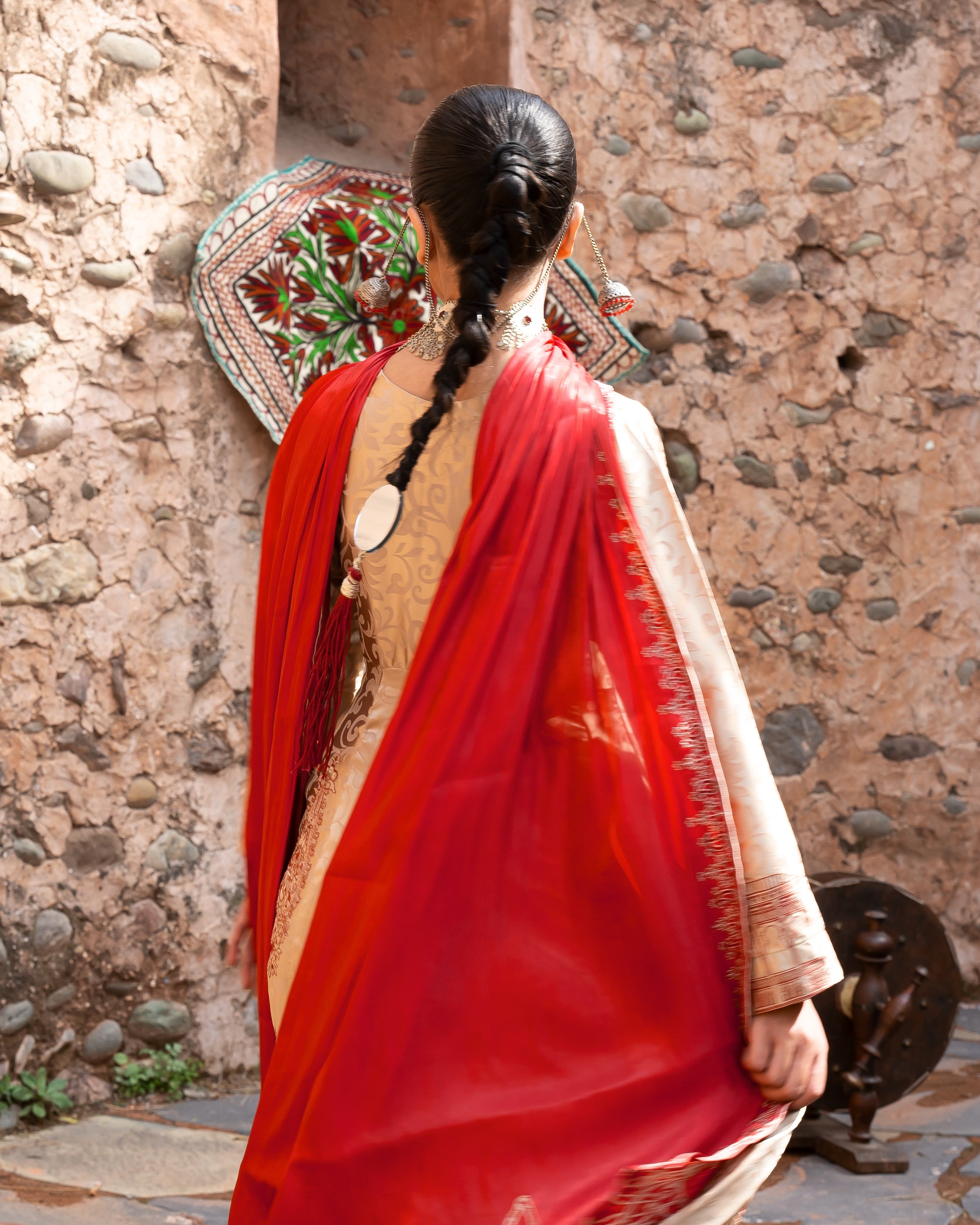 Golden Frock with Red Dupatta - 3 Pc