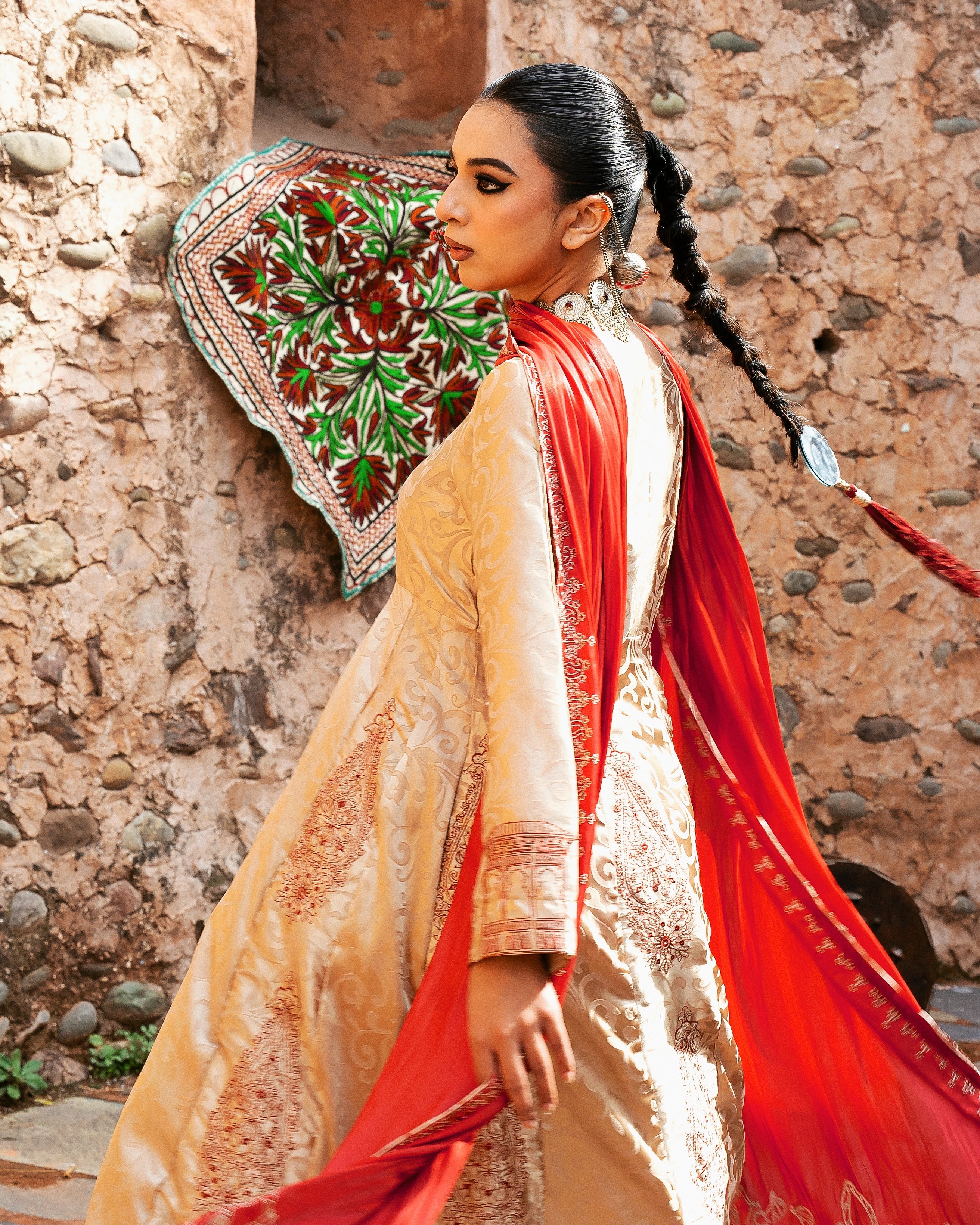 Golden Frock with Red Dupatta - 3 Pc