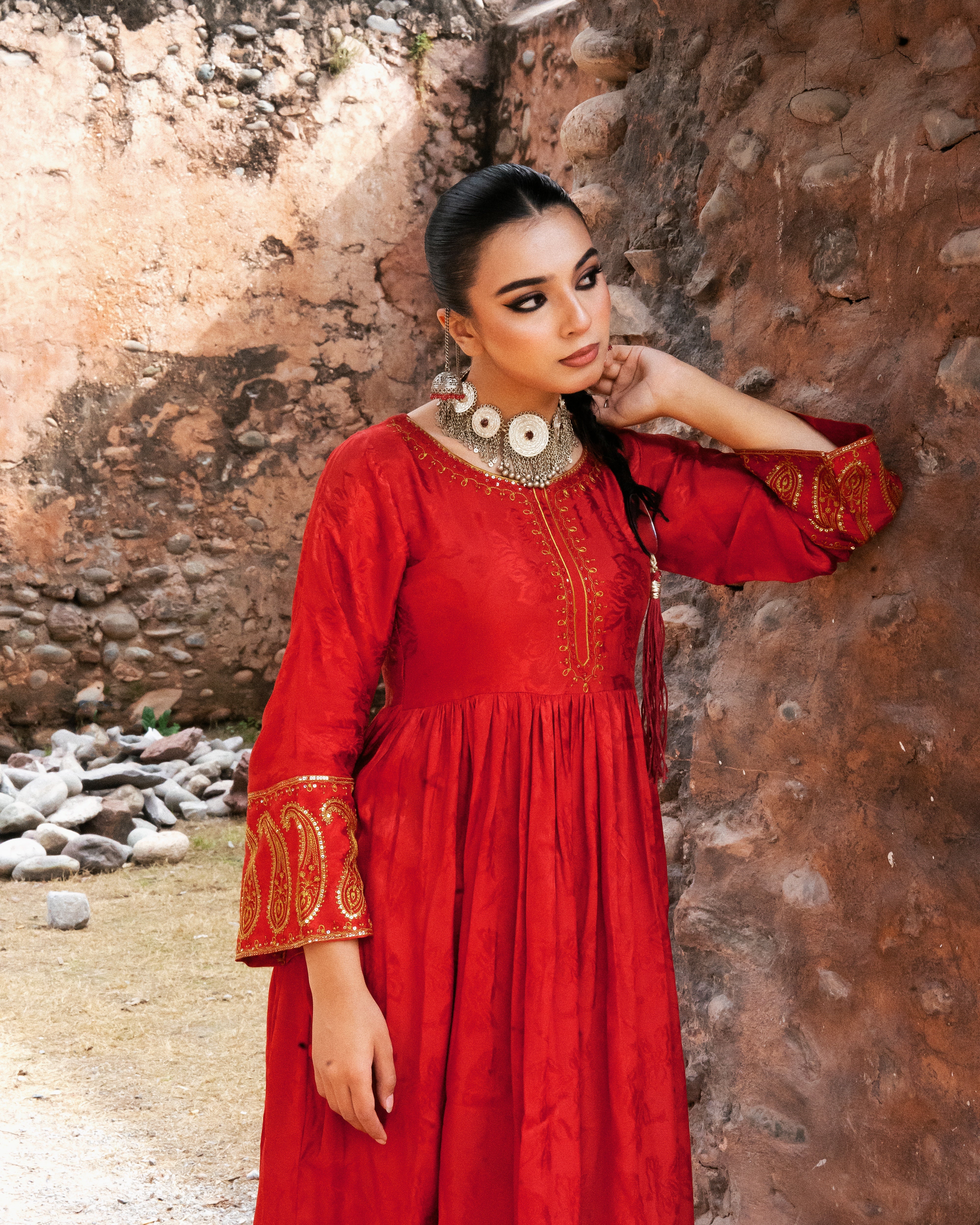 Red Frock with Green Trouser - 2 Pc