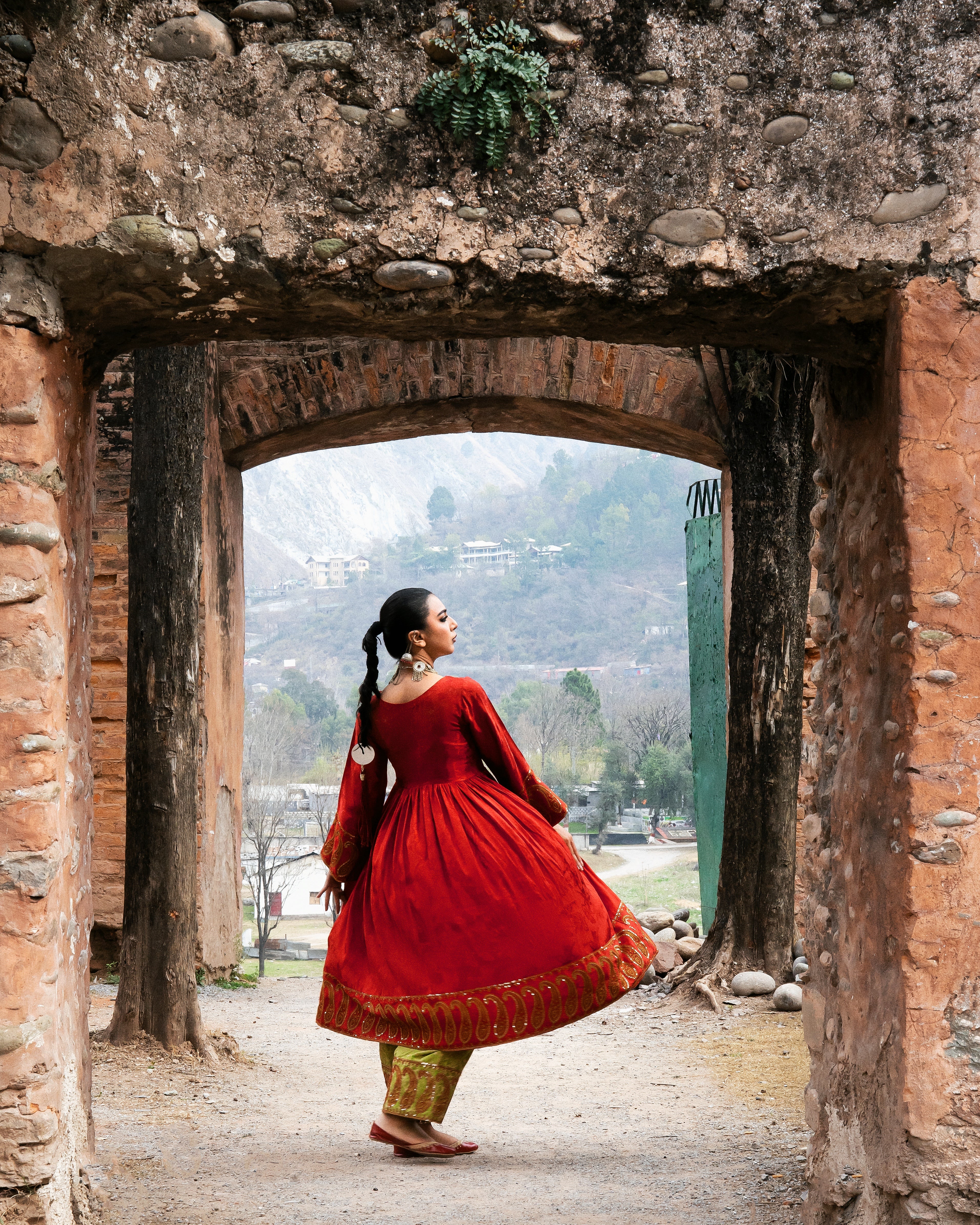 Red Frock with Green Trouser - 2 Pc