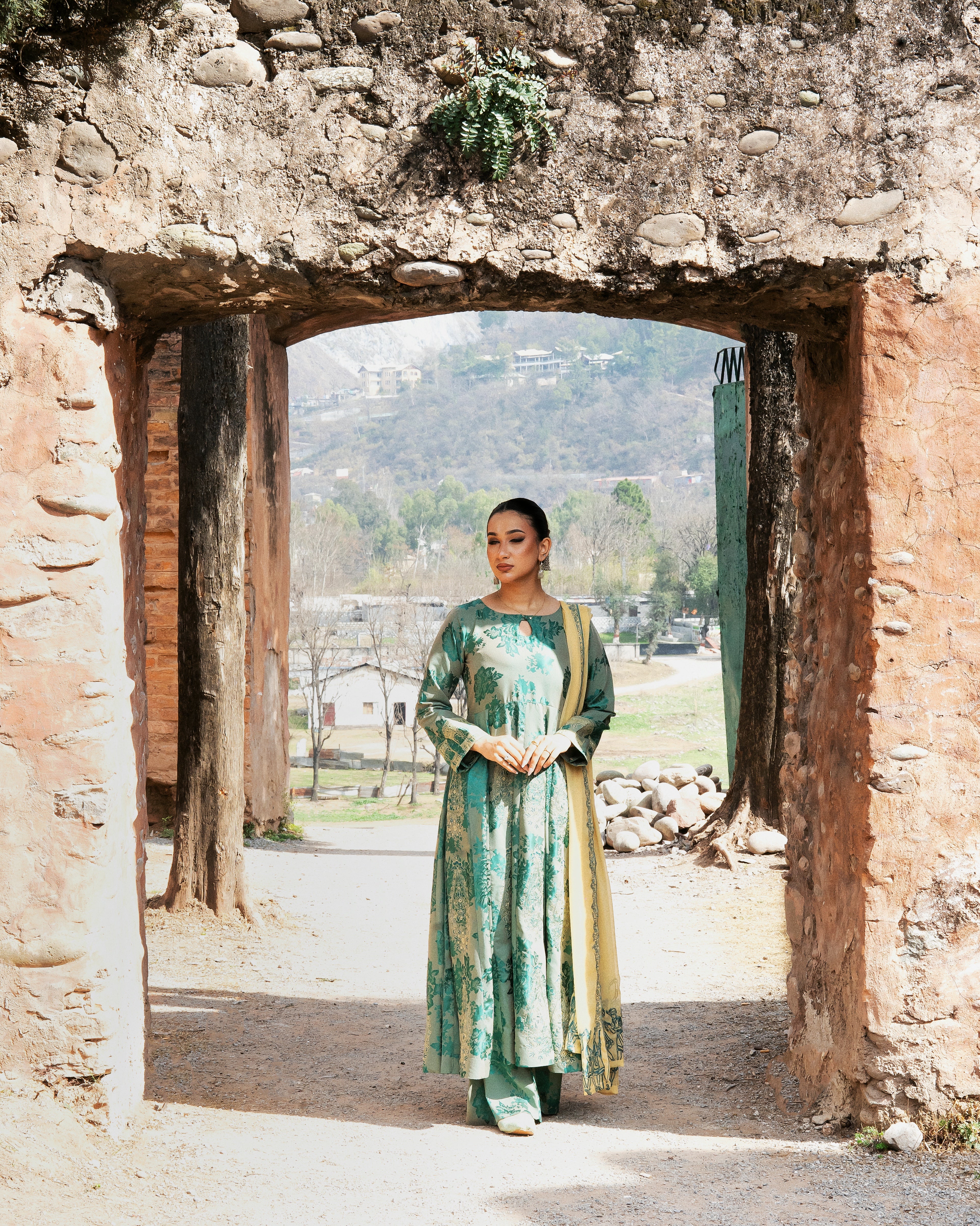 Dark Cyan Long Kali Shirt with Trouser - 3 Pc