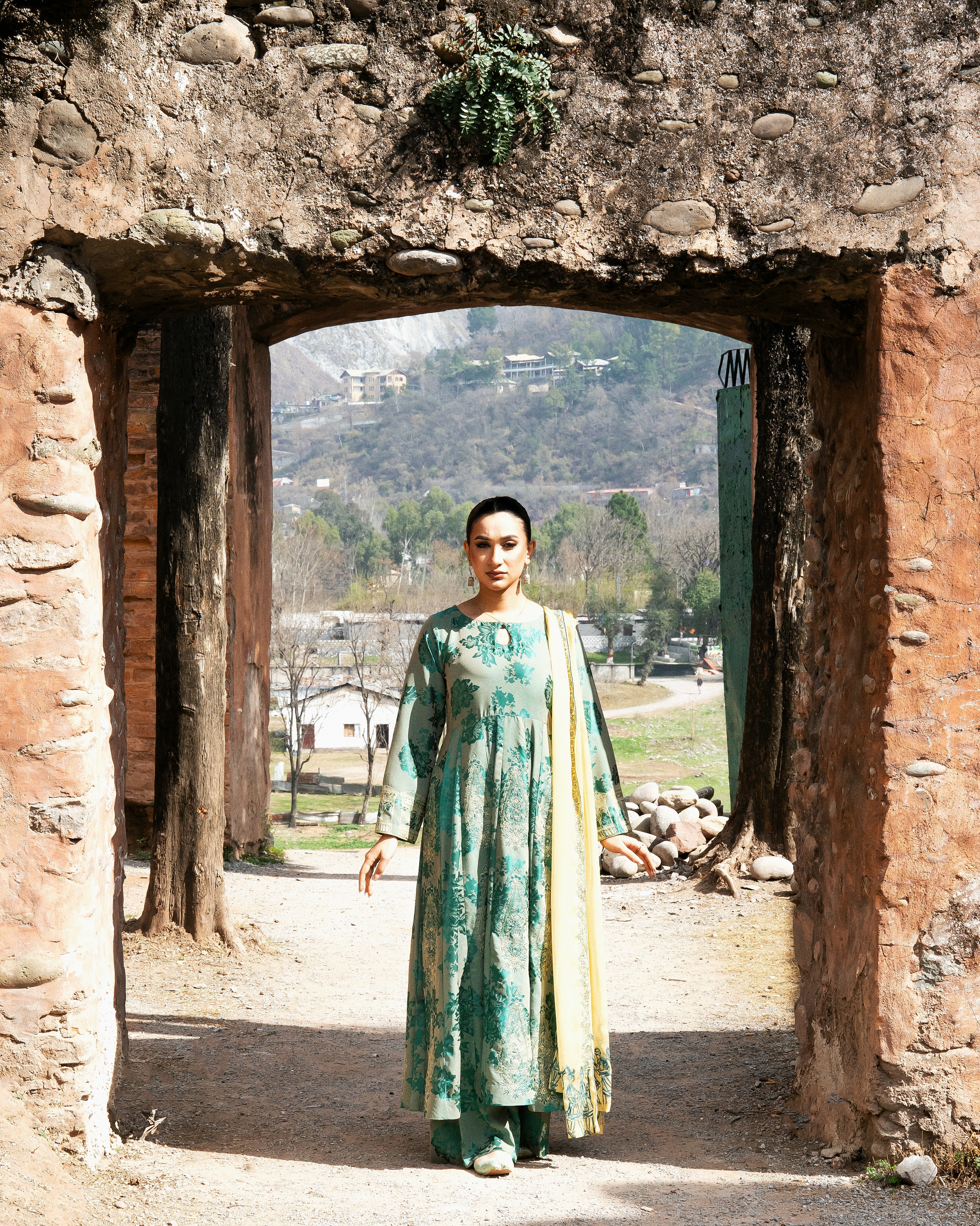 Dark Cyan Long Kali Shirt with Trouser - 3 Pc