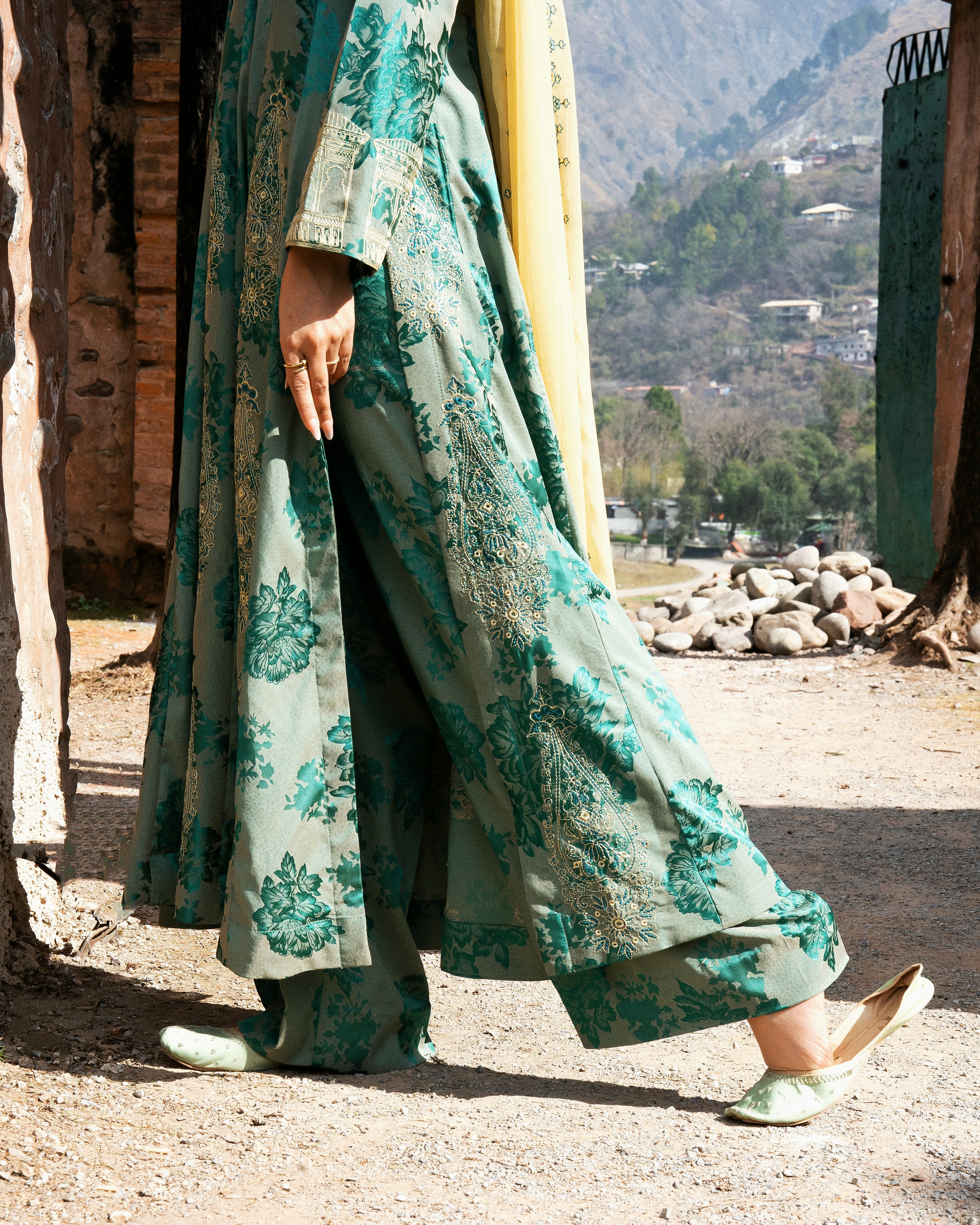 Dark Cyan Long Kali Shirt with Trouser - 3 Pc