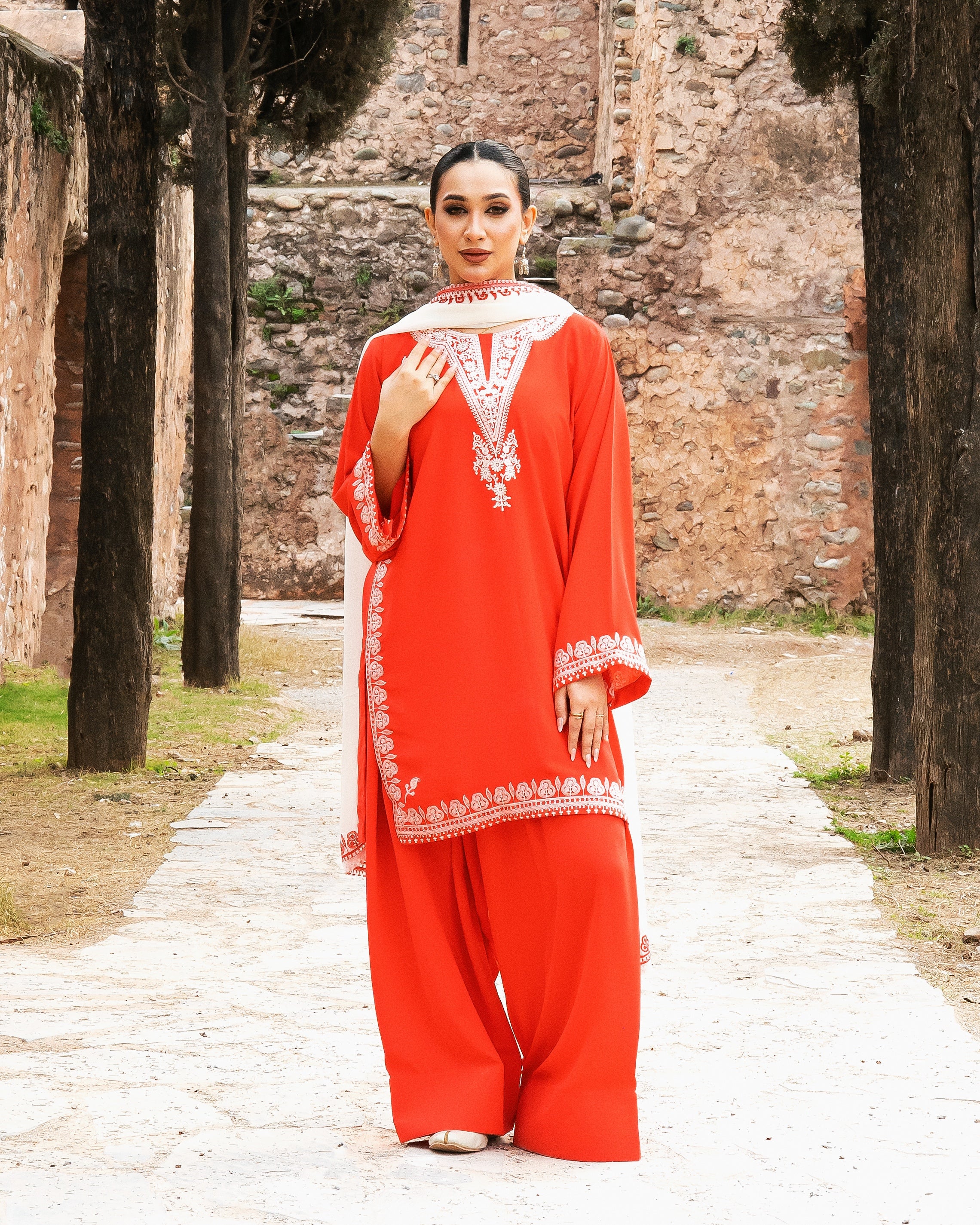 Lust Red with Embroidered Dupatta - 3 Pc