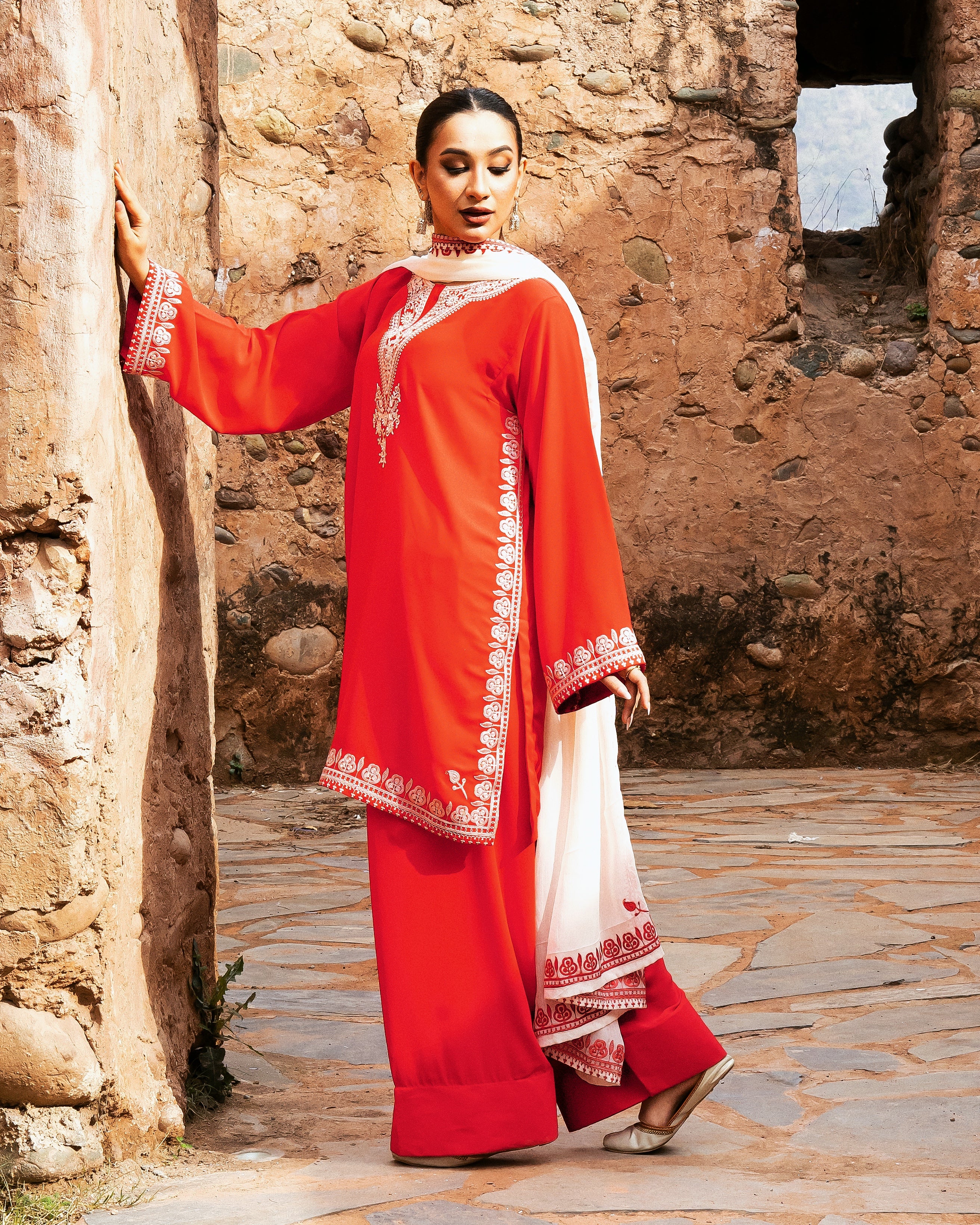 Lust Red with Embroidered Dupatta - 3 Pc