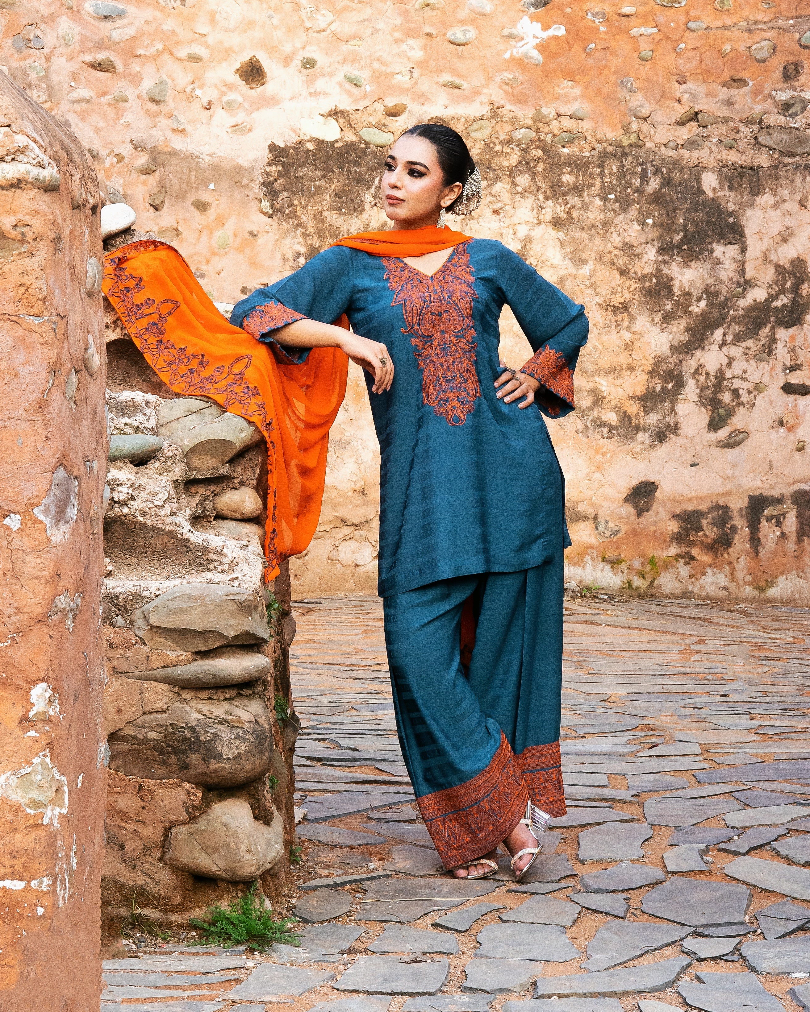 Zinc Shirt & Shalwar with Orange Dupatta - 3 Pc