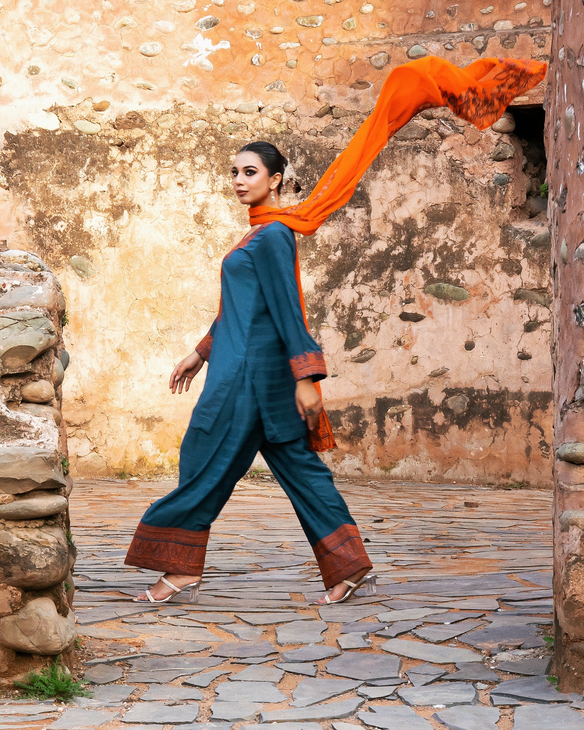 Zinc Shirt & Shalwar with Orange Dupatta - 3 Pc