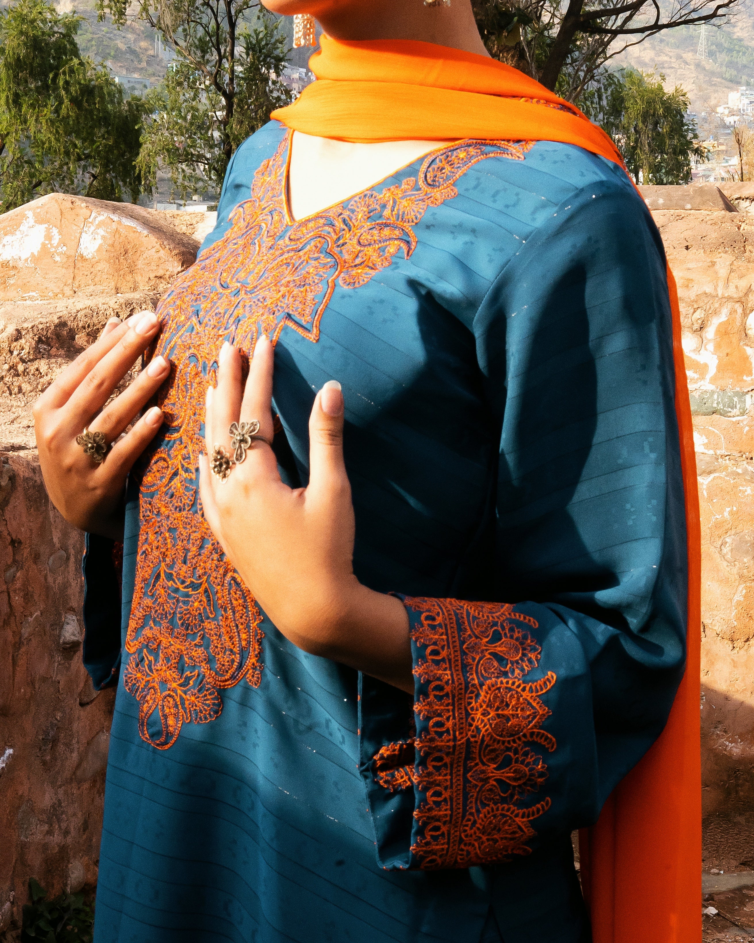 Zinc Shirt & Shalwar with Orange Dupatta - 3 Pc