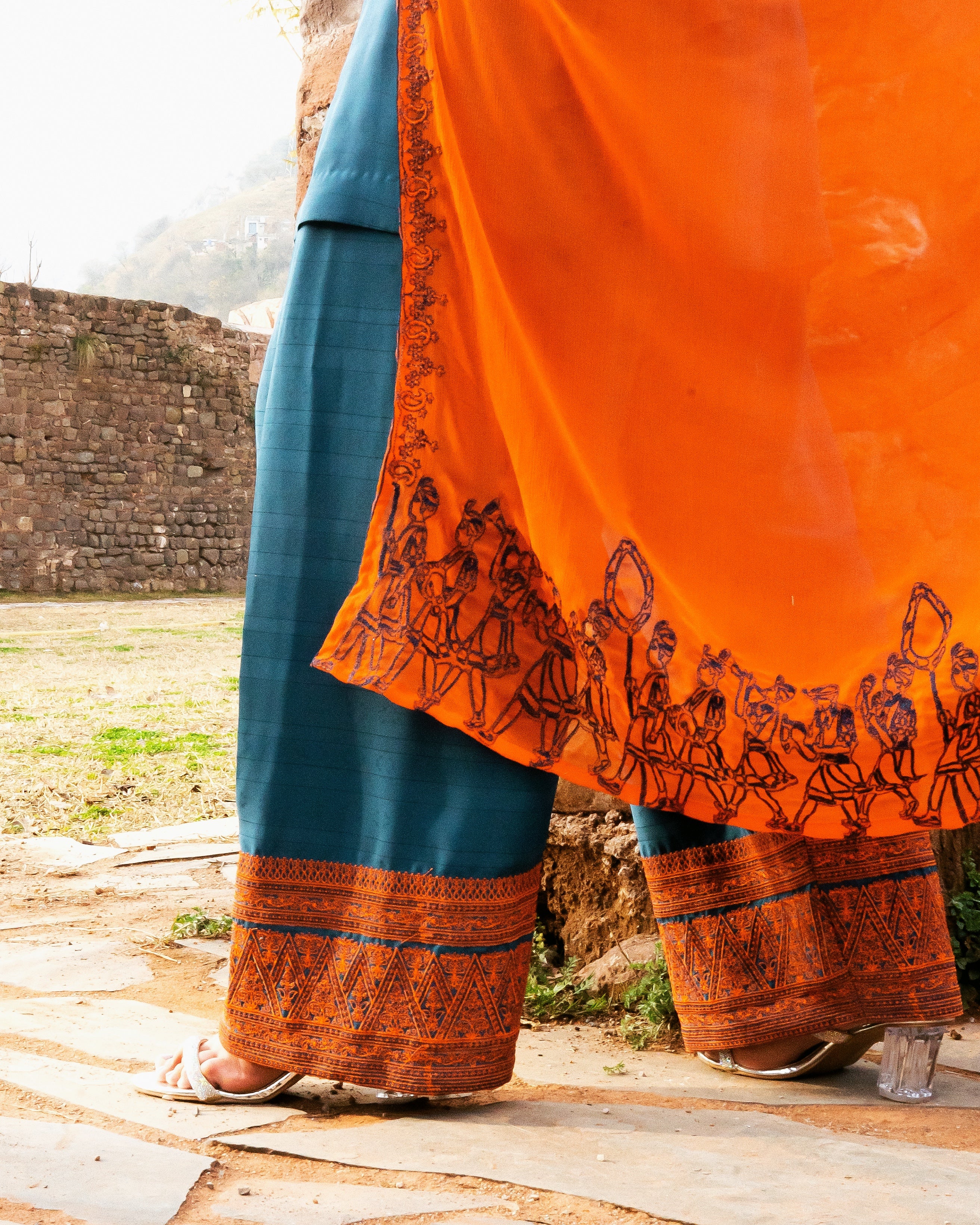Zinc Shirt & Shalwar with Orange Dupatta - 3 Pc