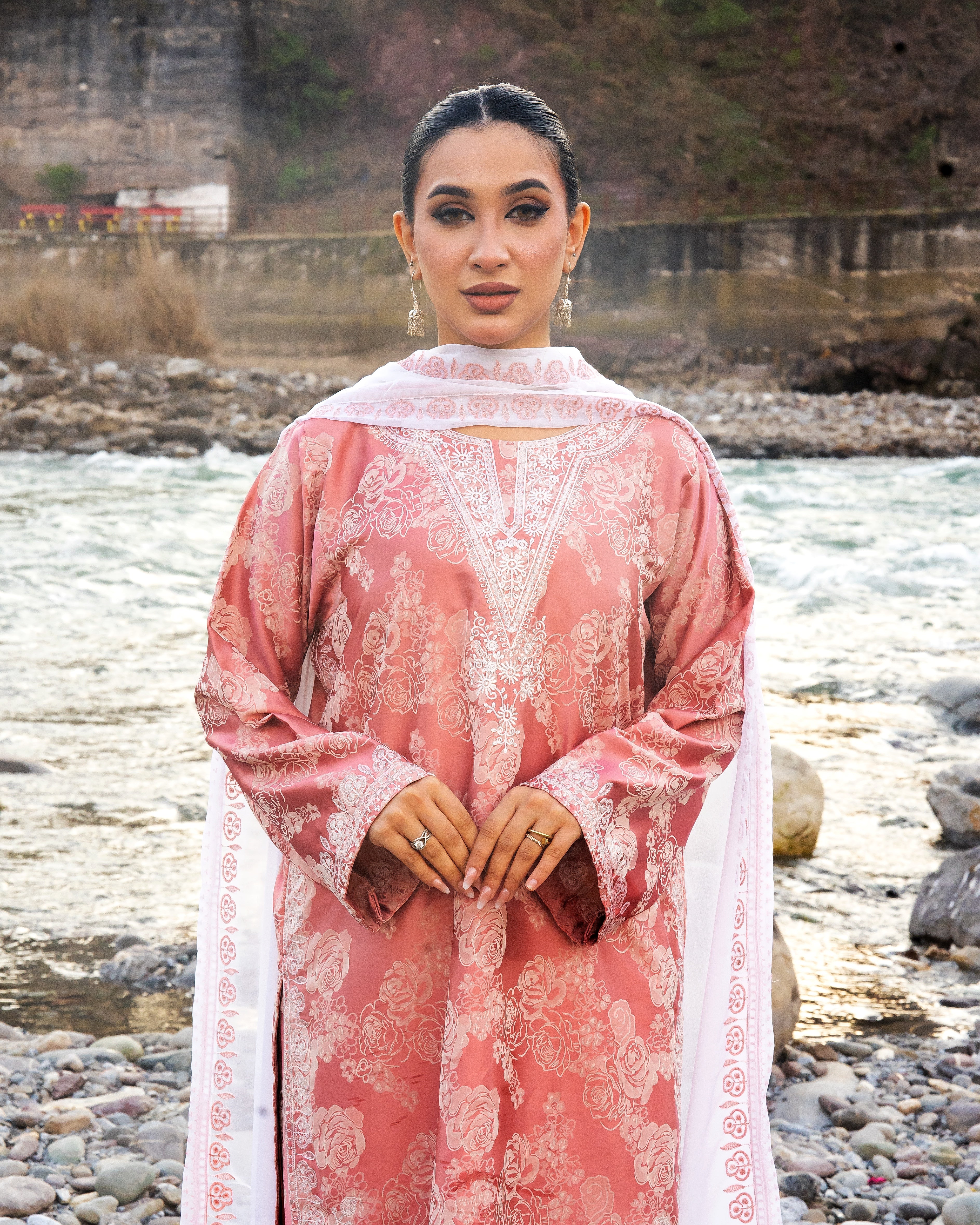 Tea Pink Shalwar and Qameez with White Dupatta - 3 Pc