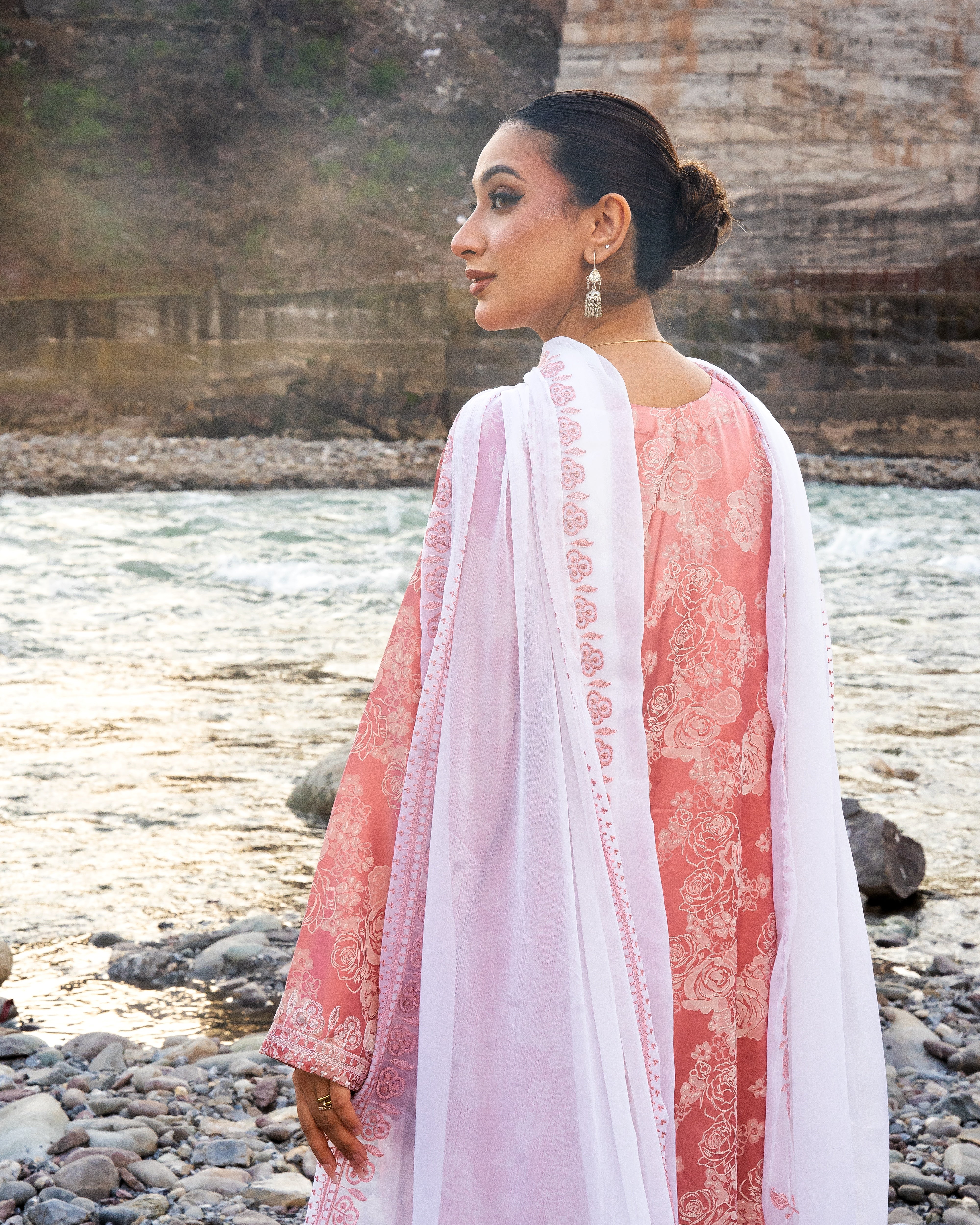 Tea Pink Shalwar and Qameez with White Dupatta - 3 Pc