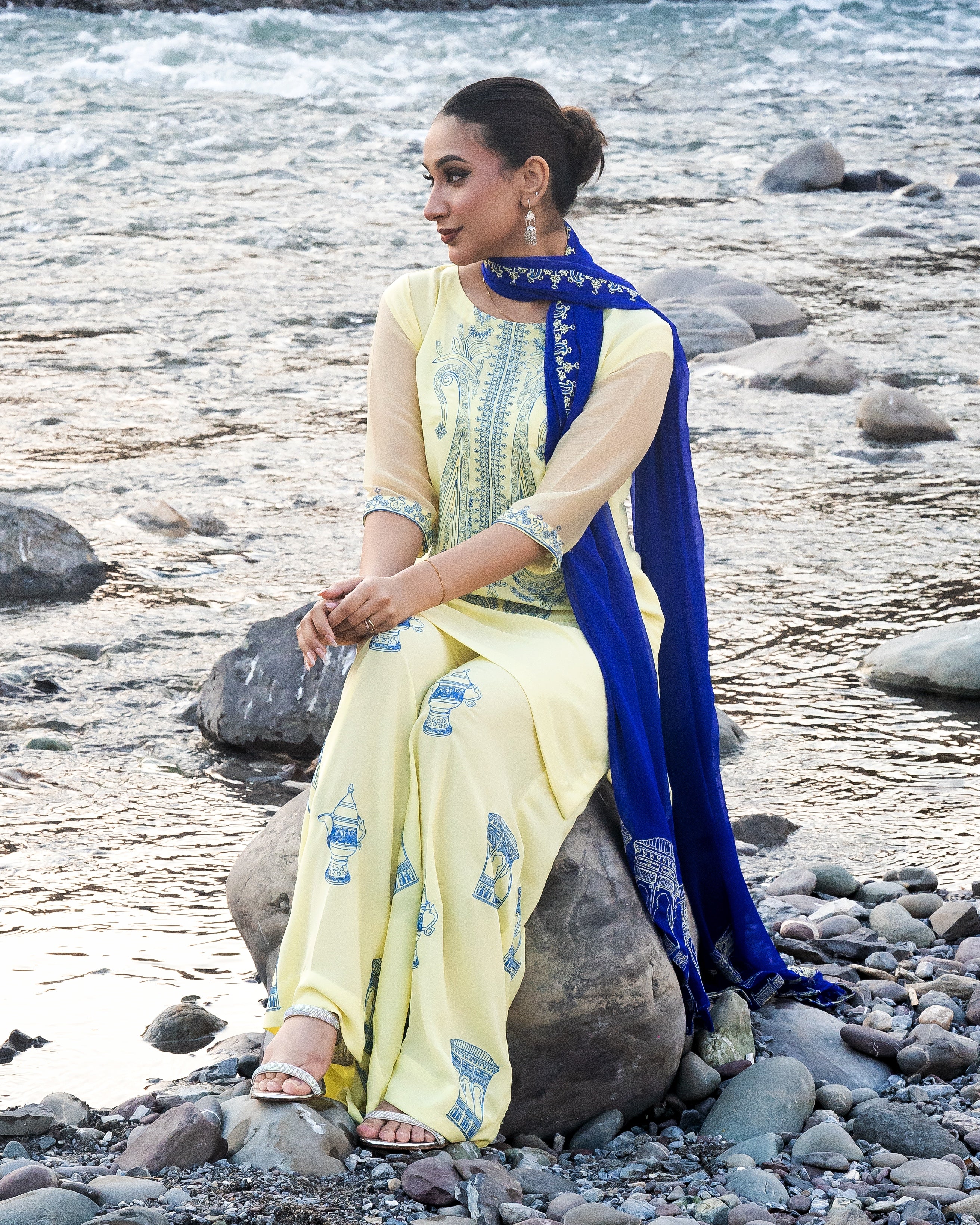 Lemon Shirt and Trouser with Royal Blue Dupatta - 3 Pc