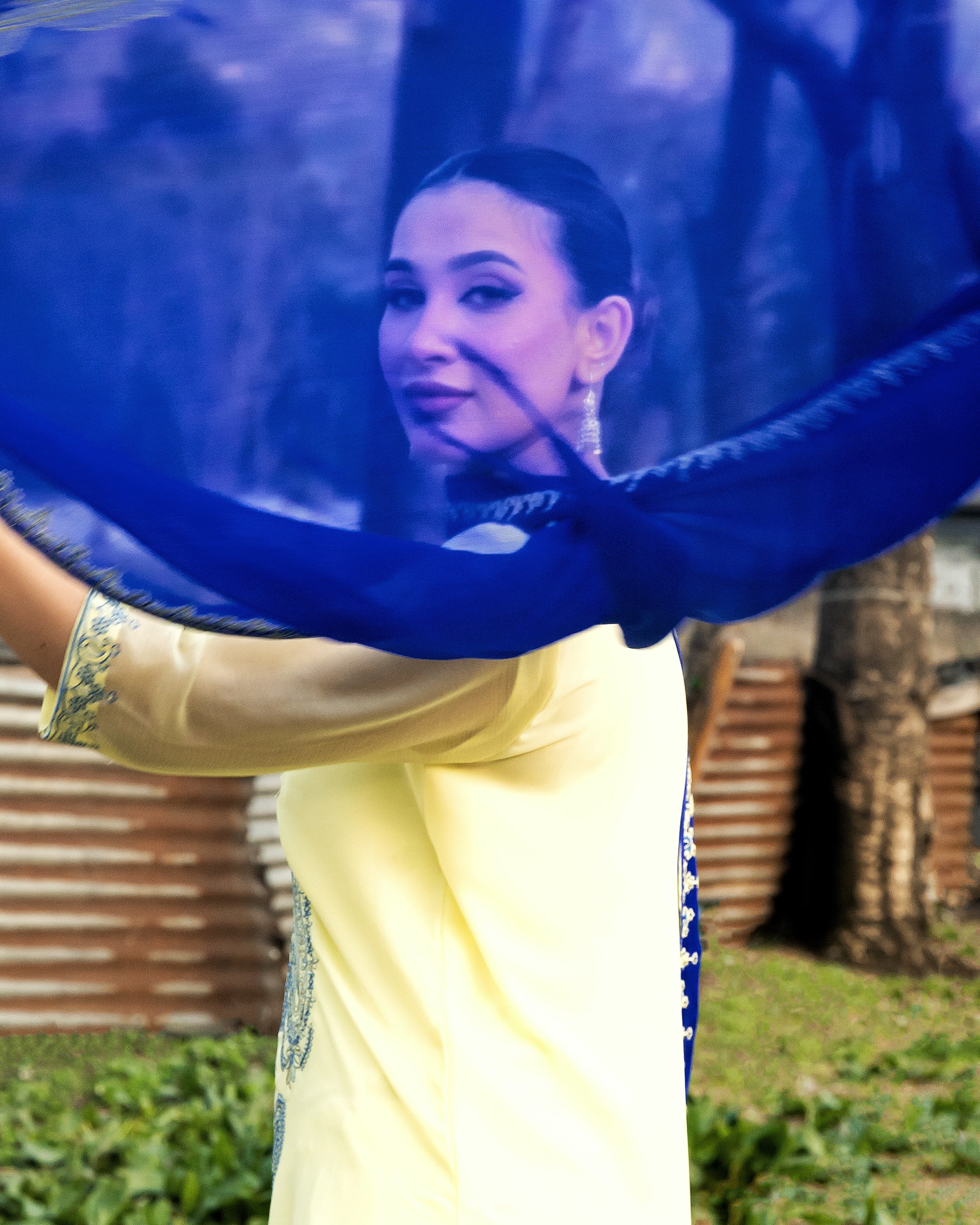 Lemon Shirt and Trouser with Royal Blue Dupatta - 3 Pc