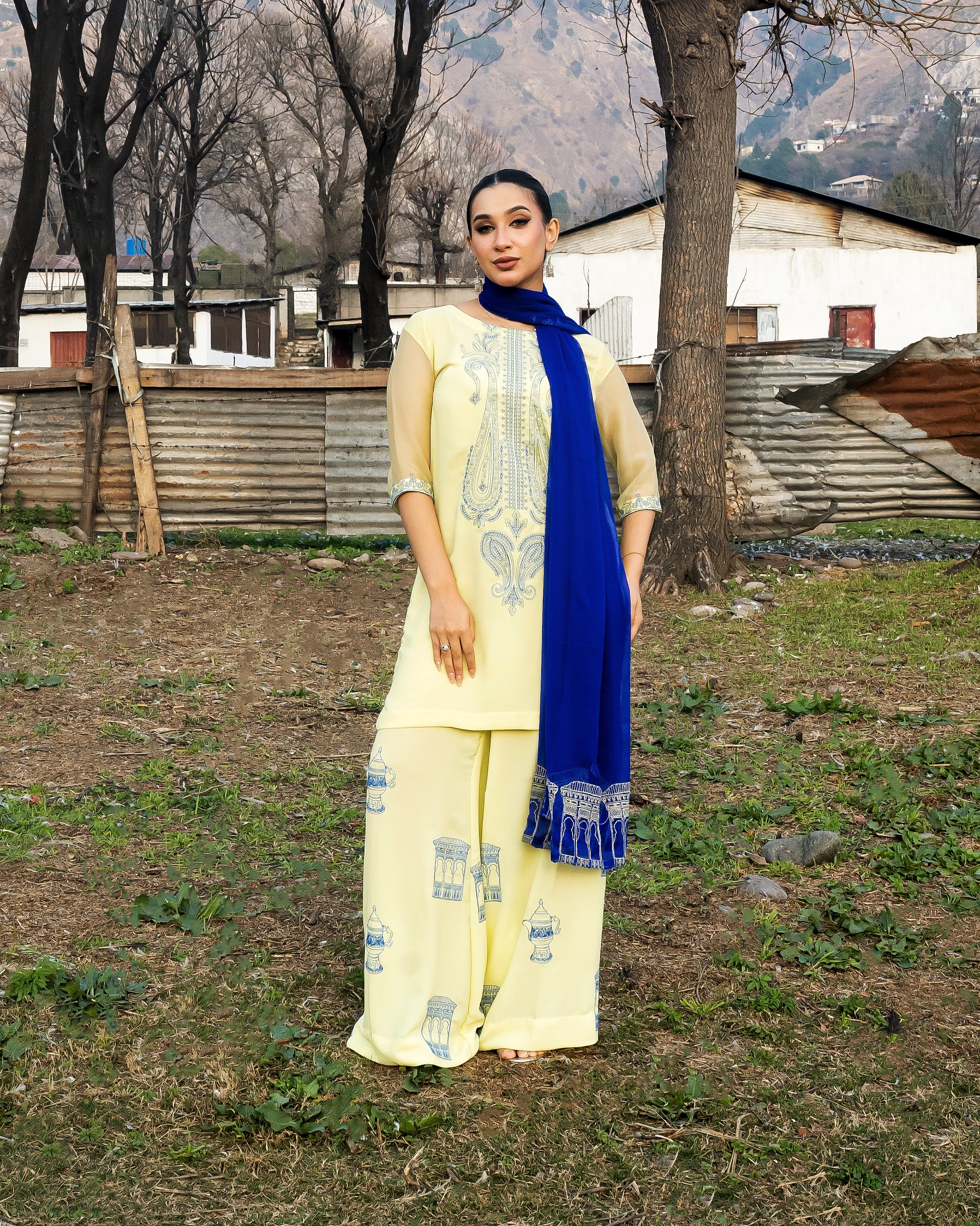 Lemon Shirt and Trouser with Royal Blue Dupatta - 3 Pc