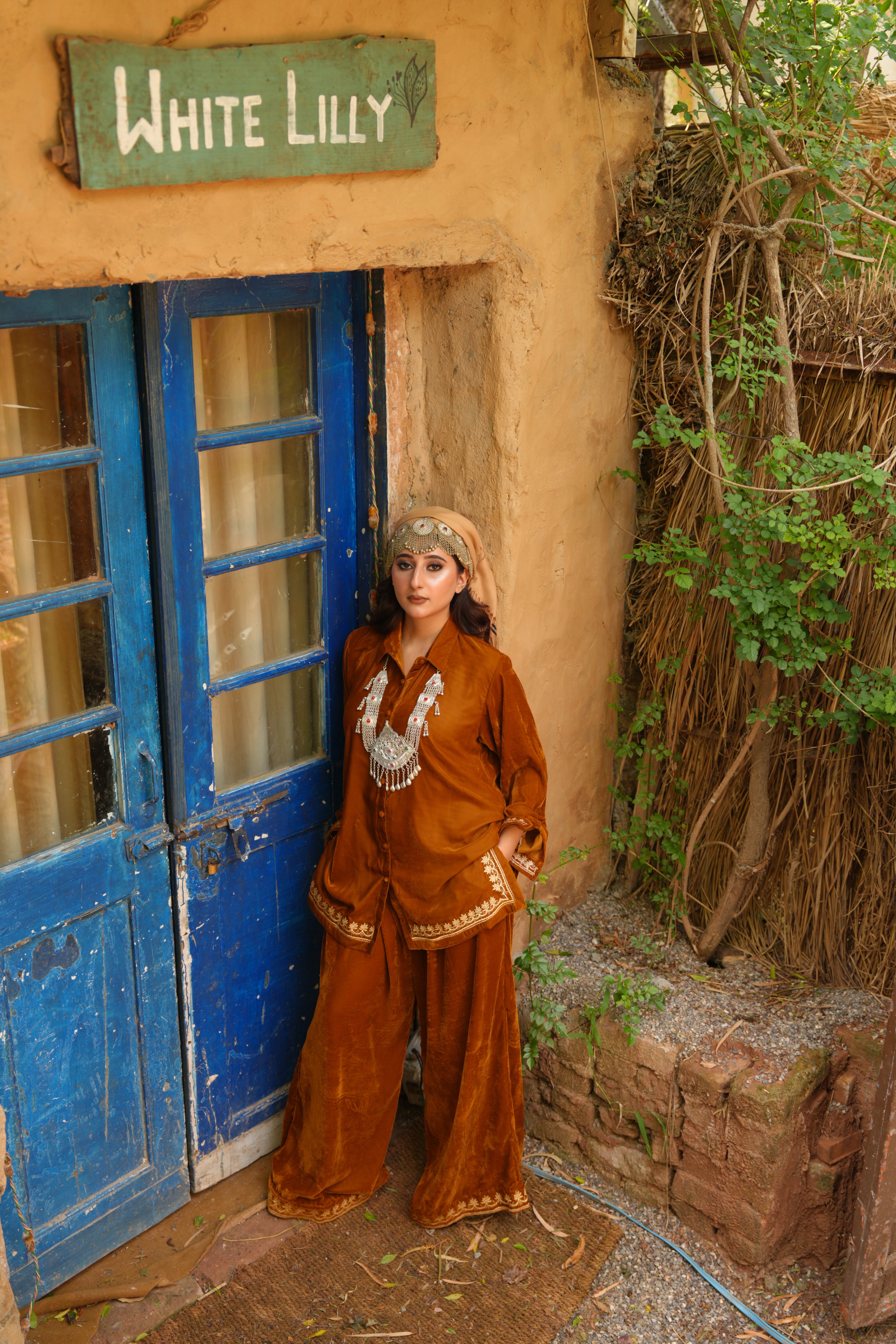 Mustard Brown Velvet Charm – 2 Pc Embroidered Co-ord Set