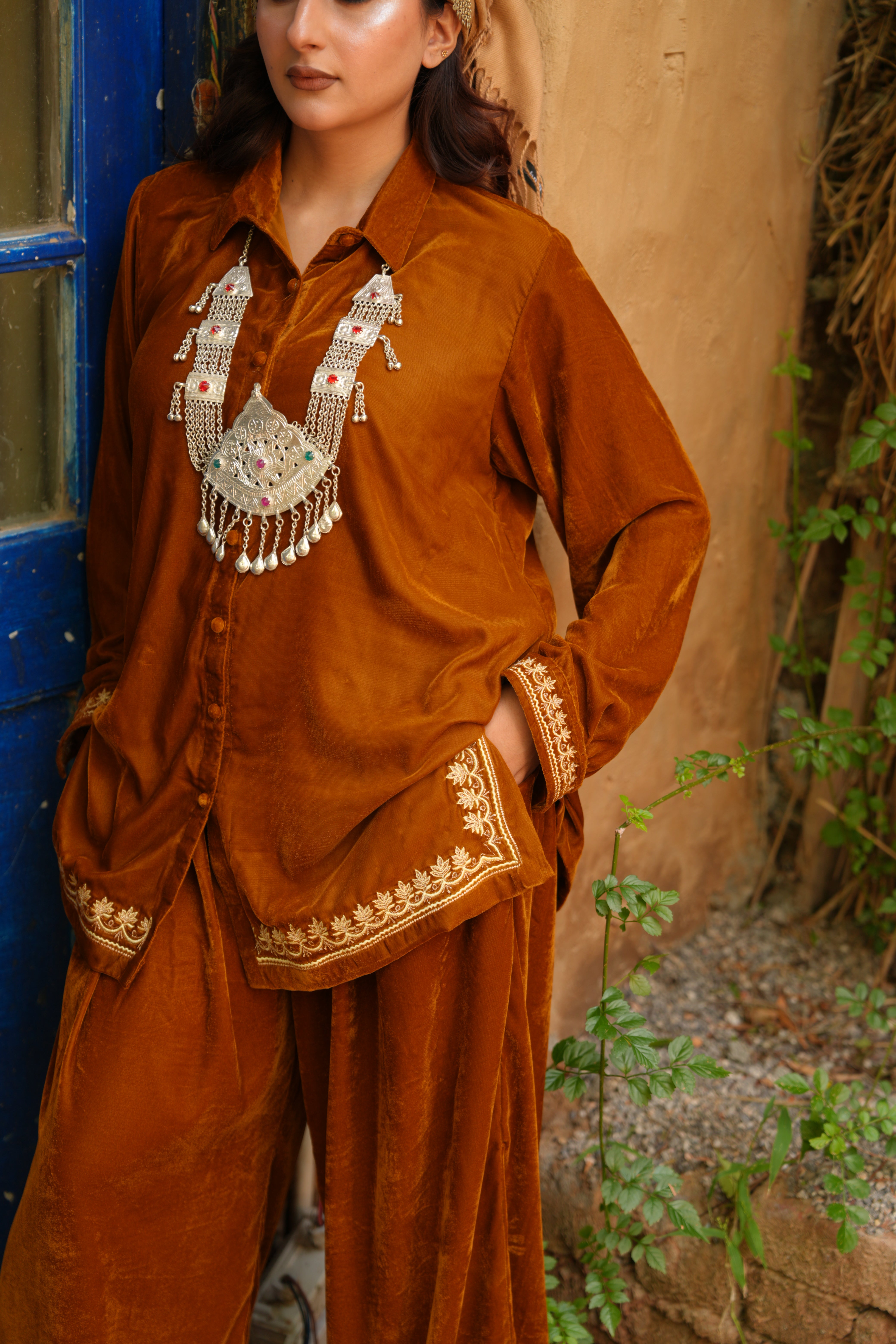 Mustard Brown Velvet Charm – 2 Pc Embroidered Co-ord Set