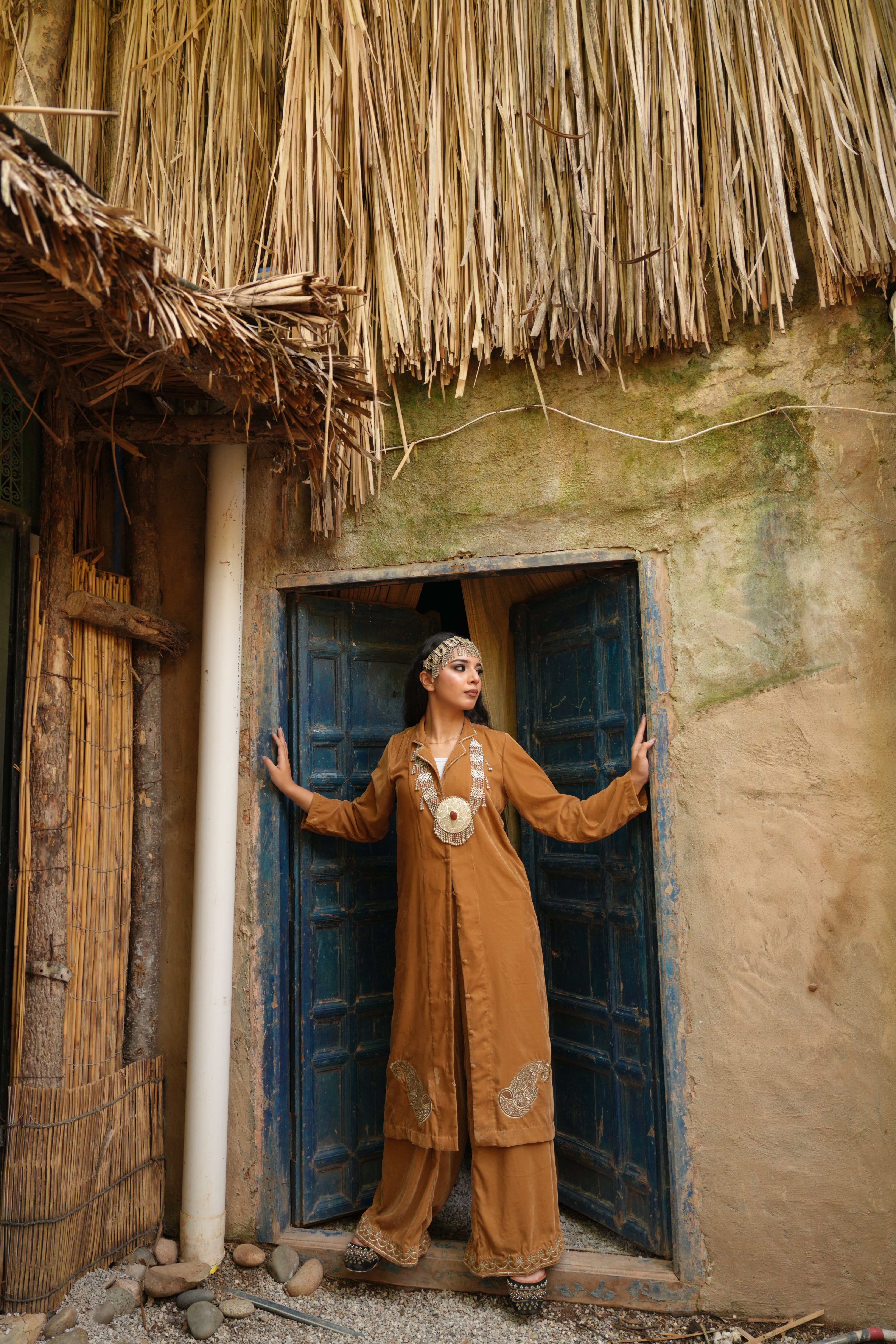 Peanut Brown Velvet Grace – 2 Pc Embroidered Long Coat Set