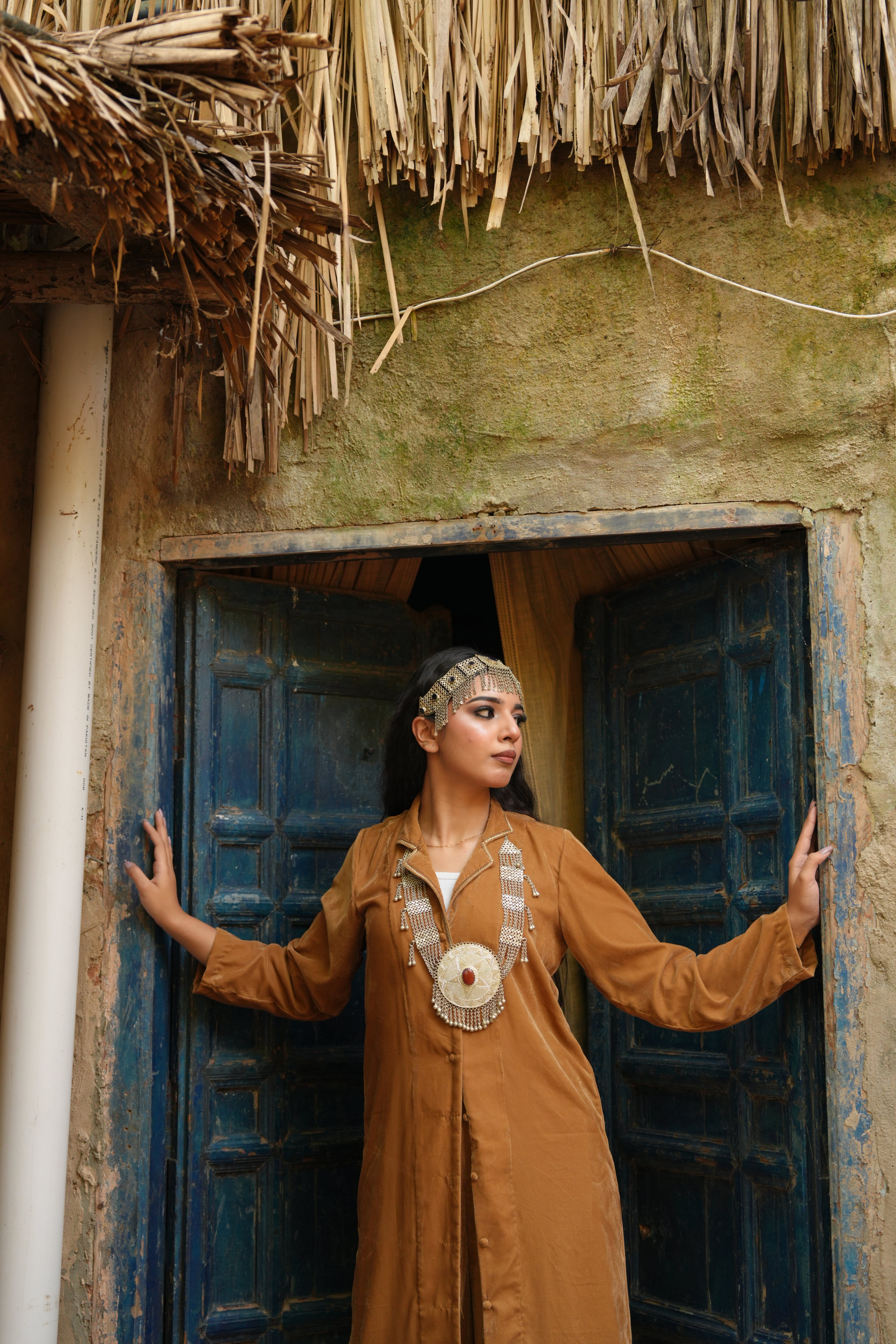 Peanut Brown Velvet Grace – 2 Pc Embroidered Long Coat Set