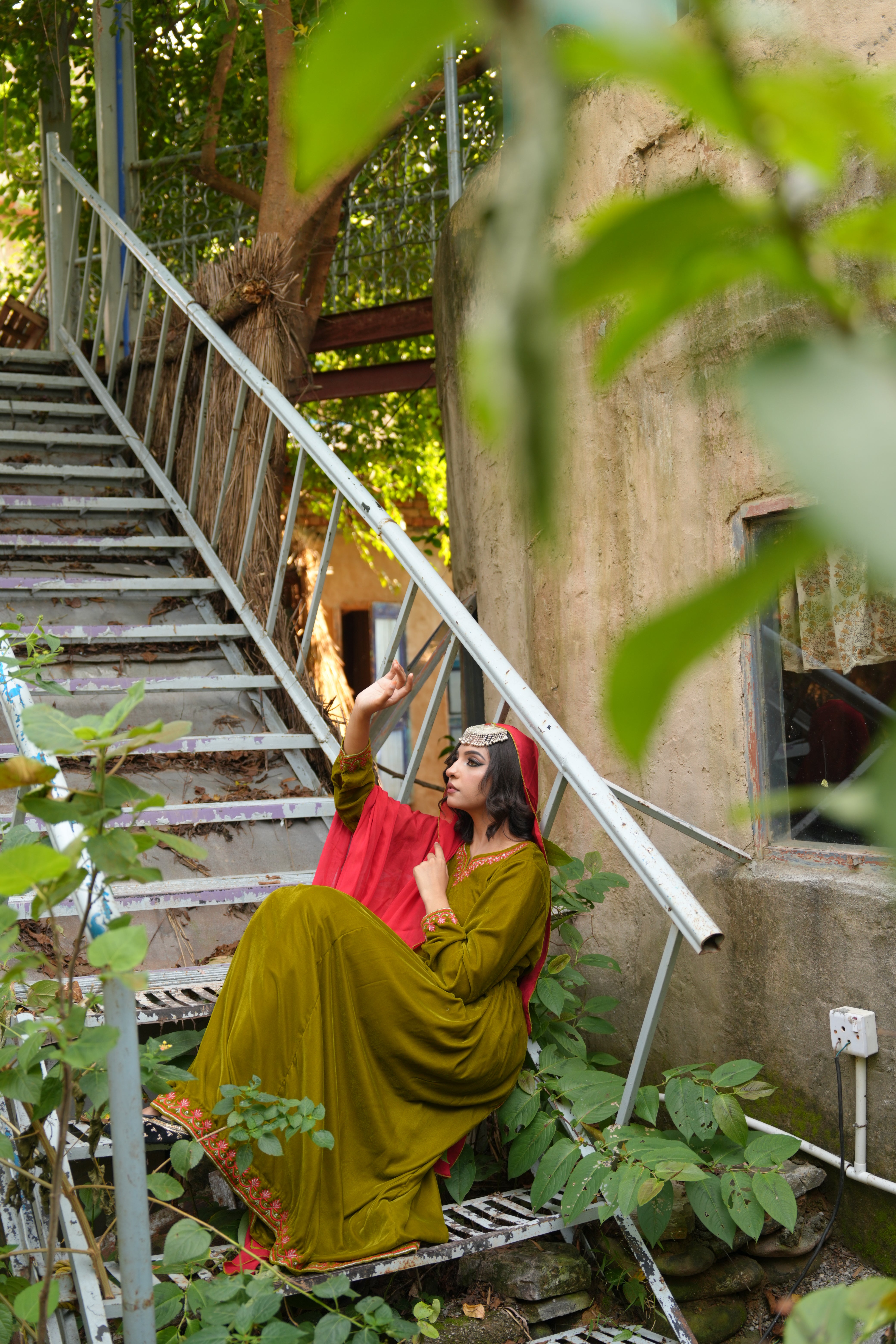Olive Green Velvet Aura – 3 Pc Embroidered Long Frock Set