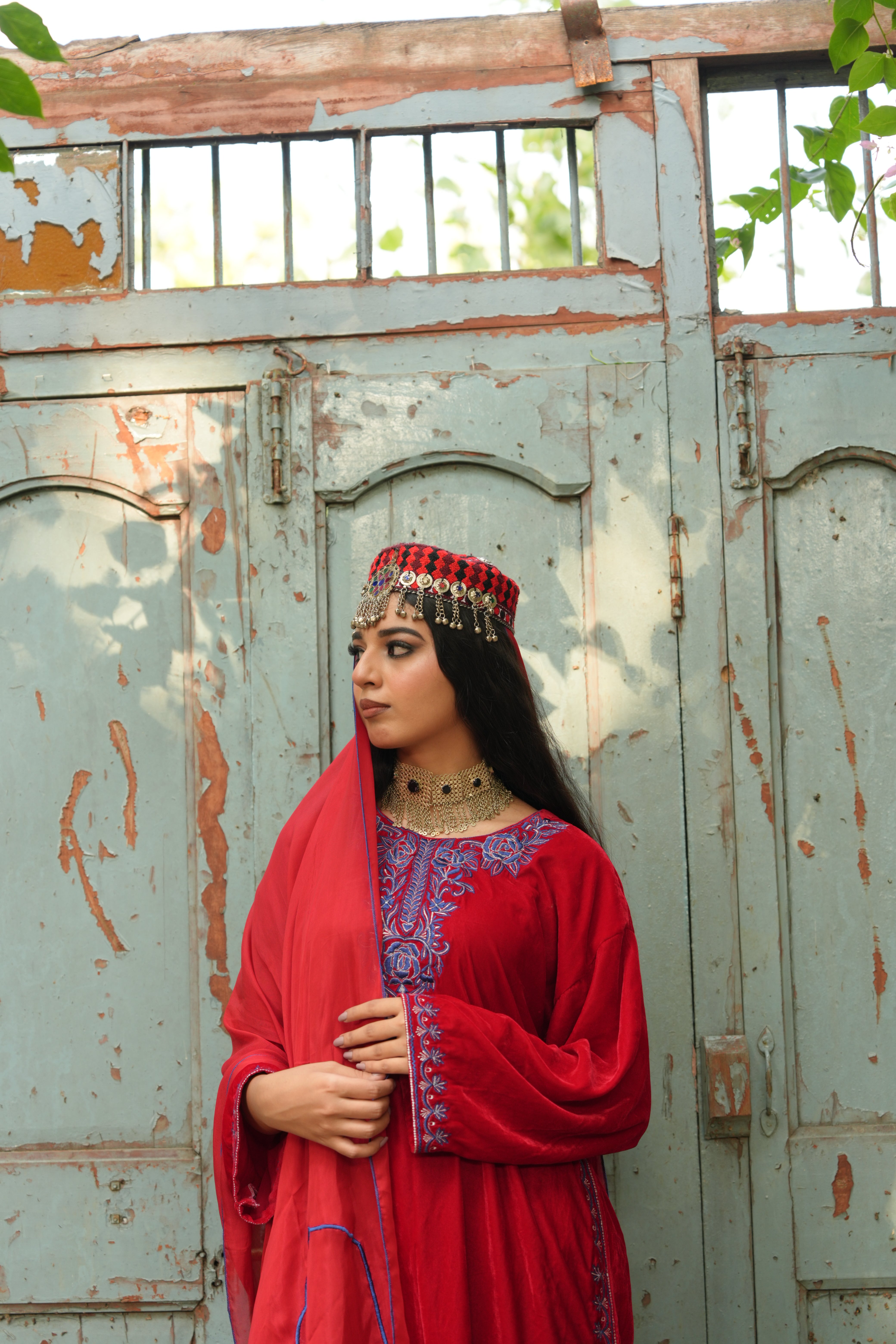 Red & Royal Blue Velvet Majesty – 3 Pc Embroidered Stitched Set