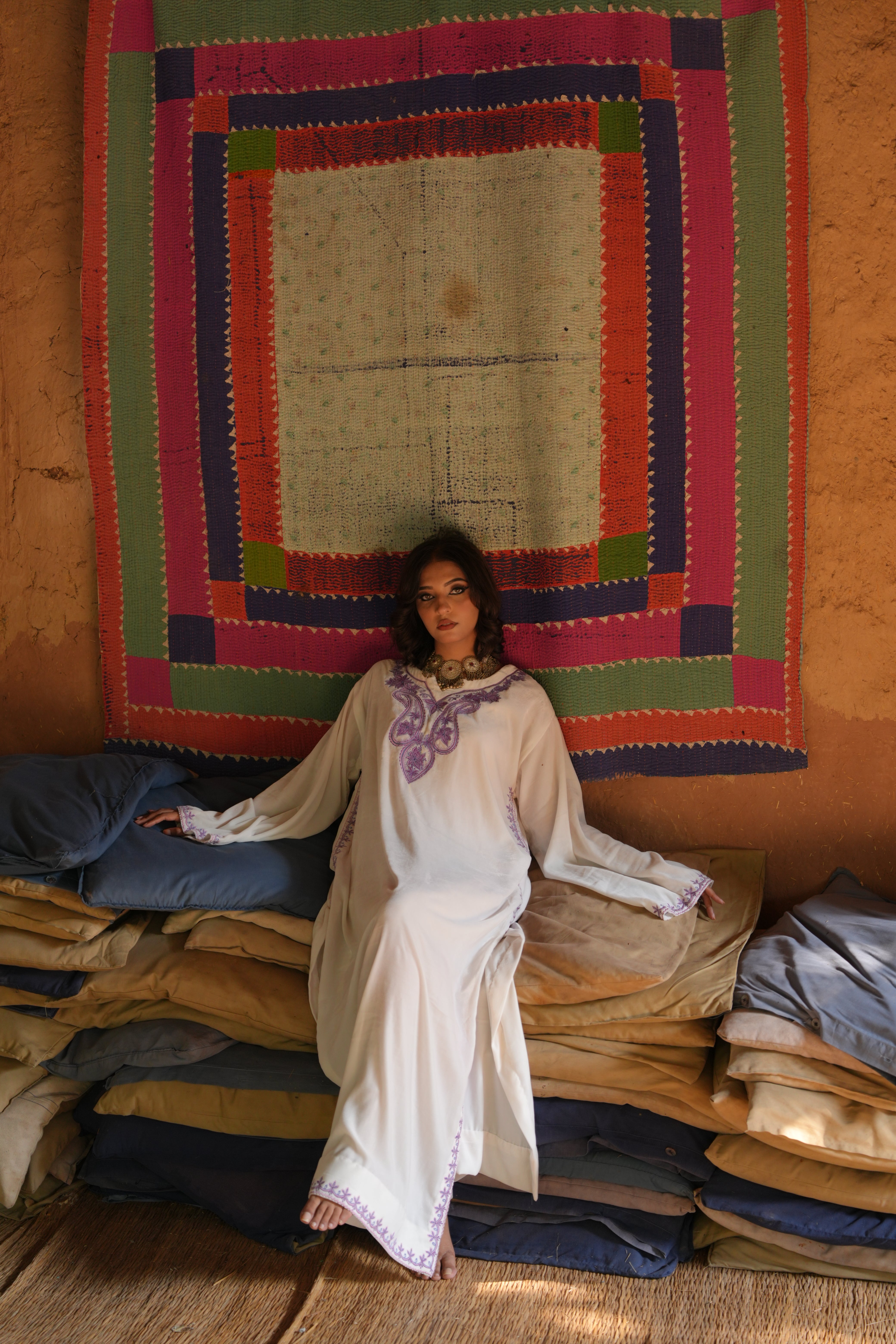 Velvet Serenity – White 1 Pc Embroidered Kaftan