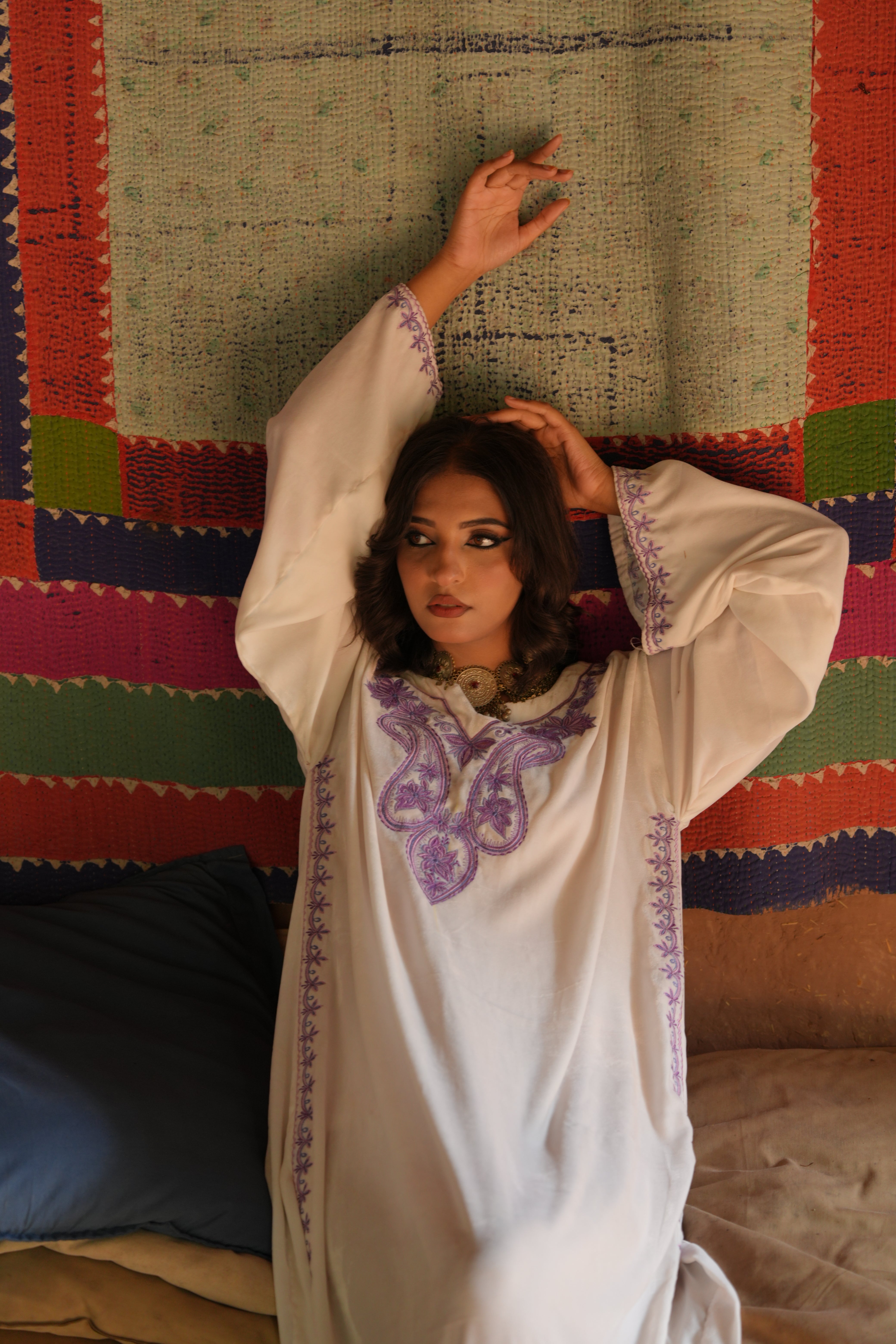 Velvet Serenity – White 1 Pc Embroidered Kaftan