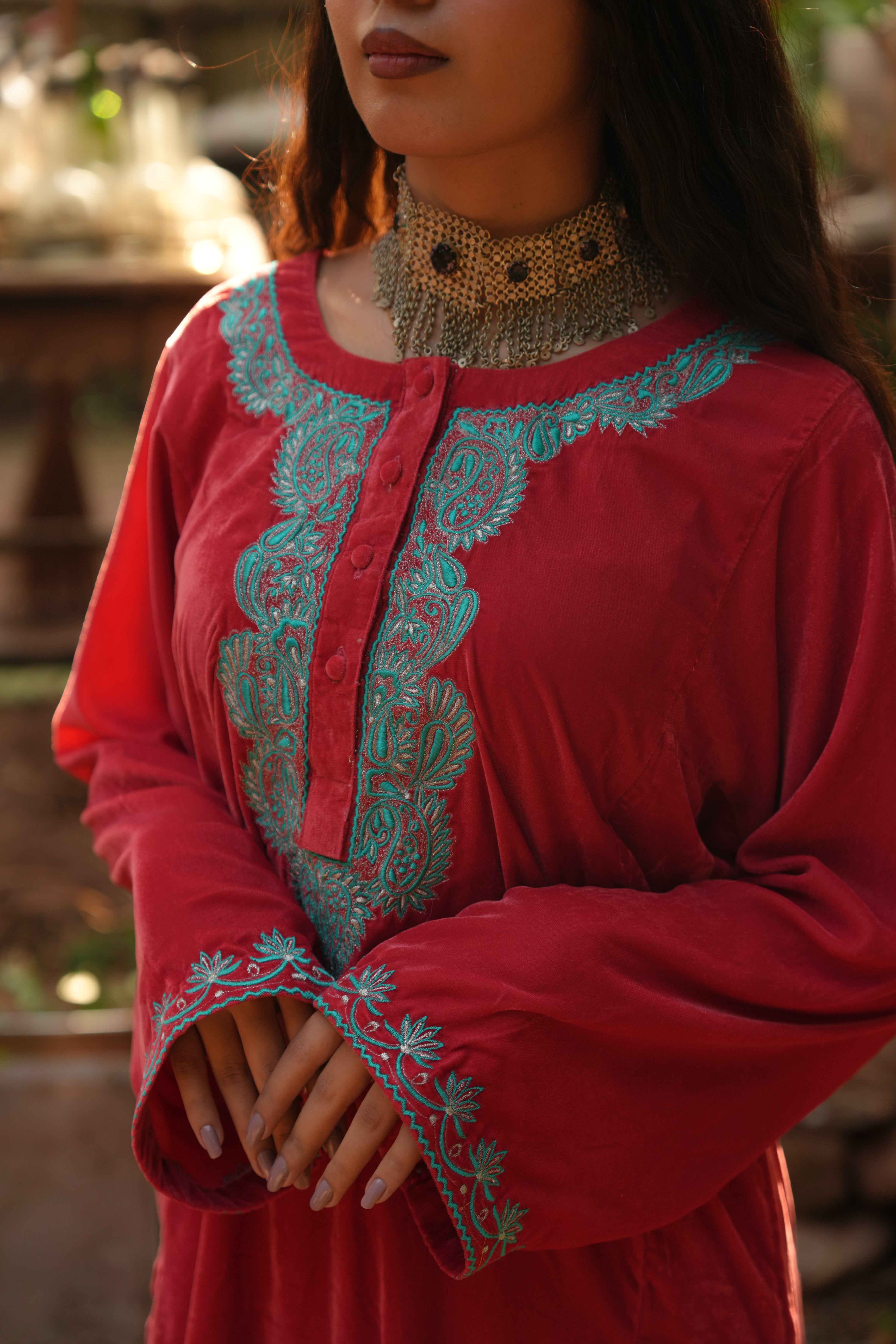 Georgia Peach Velvet Charm – 1 Pc Embroidered Kashmiri Phiran